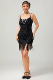 Nero Spaghetti Straps con frange paillettes 1920s Dress con accessori Set