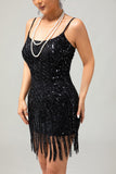 Nero Spaghetti Straps con frange paillettes 1920s Dress con accessori Set