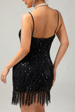 Nero Spaghetti Straps con frange paillettes 1920s Dress con accessori Set