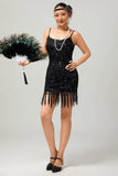 Scintillante nero paillettes Gatsby abito corto anni 1920 con frange