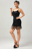Scintillante nero paillettes Gatsby abito corto anni 1920 con frange