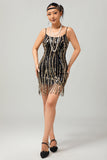 Nero dorato paillettes Gatsby abito corto anni 1920 con frange