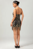 Nero dorato paillettes Gatsby abito corto anni 1920 con frange