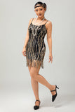 Nero dorato paillettes Gatsby abito corto anni 1920 con frange