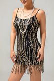 Nero dorato paillettes Gatsby abito corto anni 1920 con frange