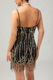 Nero dorato paillettes Gatsby abito corto anni 1920 con frange