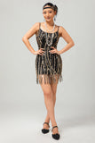 Nero dorato paillettes Gatsby abito corto anni 1920 con frange