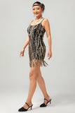 Nero dorato paillettes Gatsby abito corto anni 1920 con frange