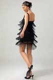 Nero paillettes Gatsby aderente abito corto anni 1920 con frange