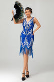 Royal Blue Paillettes Gatsby Abito corto anni 1920 con frange