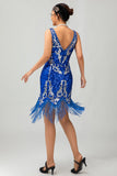 Royal Blue Paillettes Gatsby Abito corto anni 1920 con frange