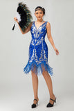 Royal Blue Paillettes Gatsby Abito corto anni 1920 con frange