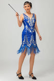 Royal Blue Paillettes Gatsby Abito corto anni 1920 con frange