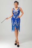 Royal Blue Paillettes Gatsby Abito corto anni 1920 con frange