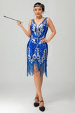 Royal Blue Paillettes Gatsby Abito corto anni 1920 con frange