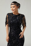 Mantello femminile Gatsby Black Golden Sequin anni '20 con perline