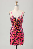 Fucsia Aderente Spaghetti Straps Paillettes Abito da Cocktail con fessura