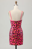 Fucsia Aderente Spaghetti Straps Paillettes Abito da Cocktail con fessura