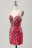 Fucsia Aderente Spaghetti Straps Paillettes Abito da Cocktail con fessura