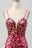 Fucsia Aderente Spaghetti Straps Paillettes Abito da Cocktail con fessura