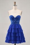 Senza spalline A-Line Corsetto a più livelli Royal Blue Abiti Da Cocktail con perline