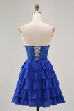 Senza spalline A-Line Corsetto a più livelli Royal Blue Abiti Da Cocktail con perline