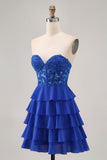 Senza spalline A-Line Corsetto a più livelli Royal Blue Abiti Da Cocktail con perline