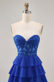 Senza spalline A-Line Corsetto a più livelli Royal Blue Abiti Da Cocktail con perline