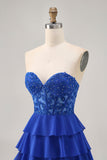 Senza spalline A-Line Corsetto a più livelli Royal Blue Abiti Da Cocktail con perline