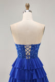 Senza spalline A-Line Corsetto a più livelli Royal Blue Abiti Da Cocktail con perline
