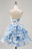 Bianco Blu Fiore A-Line senza spalline paillettes stampato Abiti Da Cocktail
