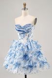 Bianco Blu Fiore A-Line senza spalline paillettes stampato Abiti Da Cocktail