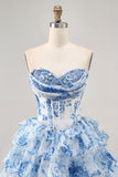 Bianco Blu Fiore A-Line senza spalline paillettes stampato Abiti Da Cocktail