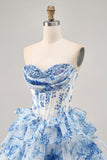 Bianco Blu Fiore A-Line senza spalline paillettes stampato Abiti Da Cocktail
