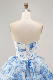 Bianco Blu Fiore A-Line senza spalline paillettes stampato Abiti Da Cocktail