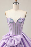 Sparkly viola A-Line senza spalline paillettes abito corto ritorno a casa con fiocco