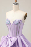 Sparkly viola A-Line senza spalline paillettes abito corto ritorno a casa con fiocco
