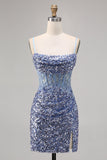 Corsetto grigio blu aderente paillettes Abito da Cocktail