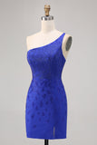 Royal Blue Bodycon Beaded One Shoulder Abito da cocktail