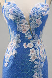 Scintillante floreale blu aderente paillettes Abito da cocktail