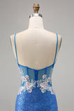 Scintillante floreale blu aderente paillettes Abito da cocktail