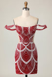 Off the Shoulder Bodycon Abito da cocktail rosso con paillettes