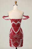 Off the Shoulder Bodycon Abito da cocktail rosso con paillettes