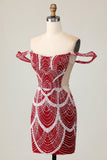Off the Shoulder Bodycon Abito da cocktail rosso con paillettes