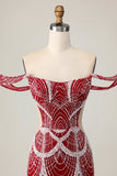 Off the Shoulder Bodycon Abito da cocktail rosso con paillettes