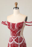 Off the Shoulder Bodycon Abito da cocktail rosso con paillettes