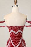 Off the Shoulder Bodycon Abito da cocktail rosso con paillettes
