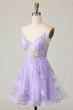Abito da cocktail in tulle viola a trapezio con applique