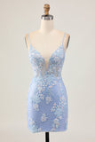 Azzurro Aderente Floreale Paillettes Abiti Da Cocktai con Appliques