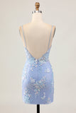 Azzurro Aderente Floreale Paillettes Abiti Da Cocktai con Appliques